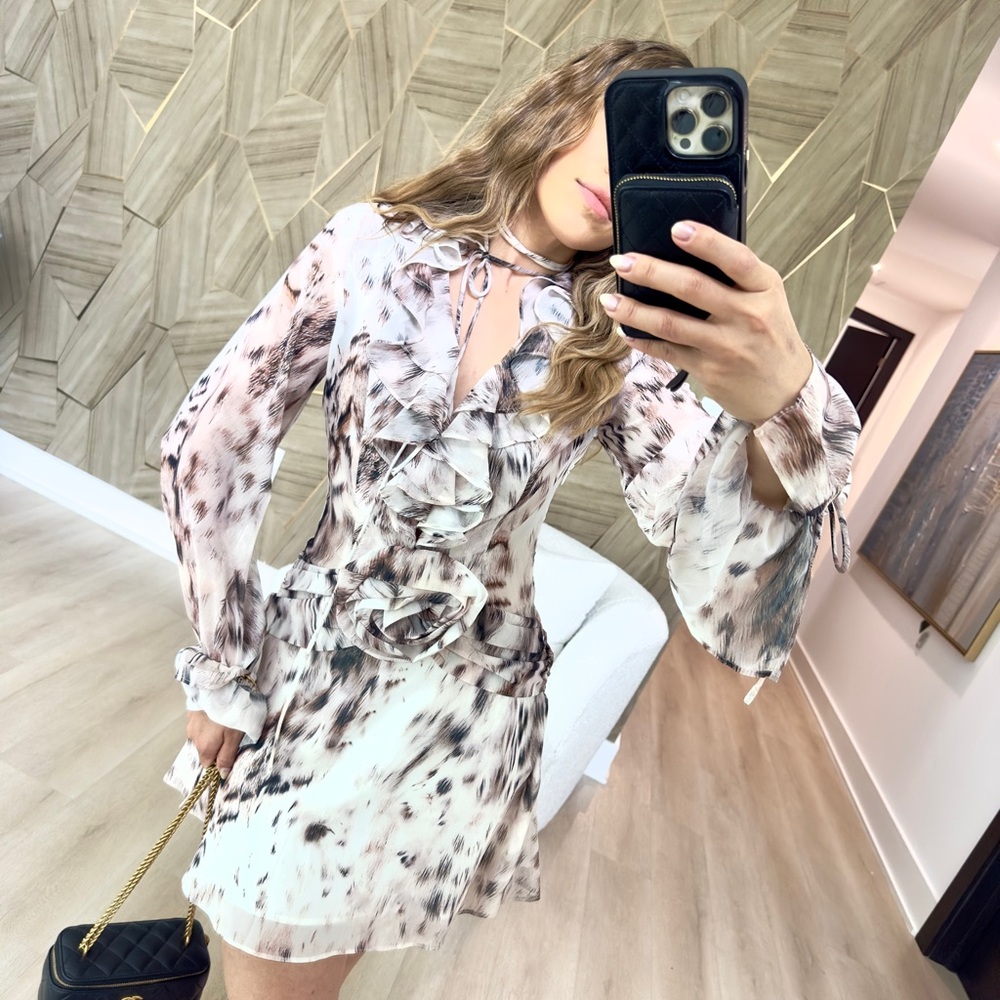 Elegant Cream and Brown Ruffle Dress